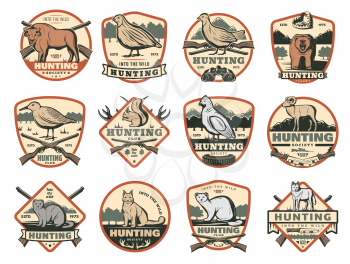 Hunter club or hunting society badges with wild animals and hunt ammo guns and traps. Vector African Safari buffalo, grouse or woodcock bird, wolf and fox or lynx and bear for open season adventure
