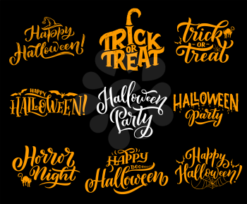Happy Halloween lettering calligraphy for greeting cards design. Vector Halloween trick and treat party or horror night celebration of pumpkin in witch hat, cat or bat and spider in web