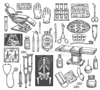 Medical surgery or therapy equipment sketch icons. Vector isolated dentist chair, surgeon operating table or traumatology X-ray, rheumatology crutch or cardiology cardiogram and gynecology ultrasound
