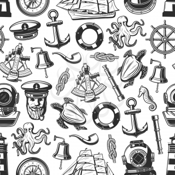 Nautical seamless pattern with marine and seafarer symbols. Vector background of sailor equipment, captain hat or smoking pipe and lighthouse, ship helm with anchor or spyglass and sextant