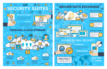 Internet security and personal cloud storage web protection. Vector poster of online secure technology for private data access and exchange in computer and smartphone networks
