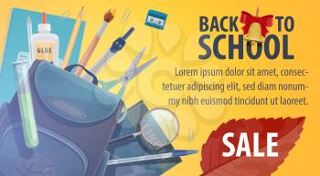 Back to School sale promo poster for autumn store trade season. Vector advertisement design of school stationery, student school bag, pencil or pen and lesson books with bell and September leaf
