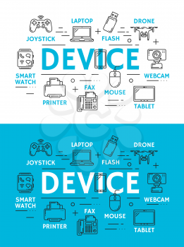 Electronic and digital devices banner, gadget thin line icons. Laptop, computer and tablet pc, mobile phone, web camera and video game joystick, mouse, printer and USB flash drive. Vector illustration
