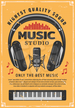 Music and sound recording studio. Vintage microphone, headphones and piano old scratches banner, decorated with musical notes and sound equalizer. Vector retro illustration