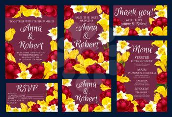 Wedding festive cards with blooming flowers as frame. Marriage ceremony invitations decorated by yellow tulip and red peony, white narcissus and tender calla. Save the date cards vector banners
