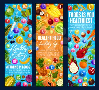 Vitamins A, B, C and minerals E, U, D in food healthy life banners. Exotic fruits and organic vegetables as components of proper nutrition. Dieting vegetarian food addends vector