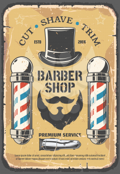 Barber shop, haircut industry service. Mustaches, beard and gentlemen hat, razor shaver icon. Cut, shave and trim services on retro vector leaflet. Haircut salon for men, vintage barbershop