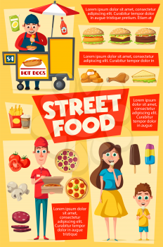 Street food, vendor selling fastfood. Pizza delivery service and hot dog, snacks as french fries and hamburgers, cheeseburgers and sandwich. Mother and son eating sweet ice cream. Vector design