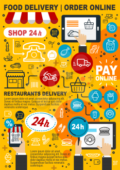 Food delivery service. Order and pay online, mobile shopping food and drink icons. Buy products via Internet, 24h calls. Web shop and takeaway snacks hamburger and pizza, car and phone. Vector design