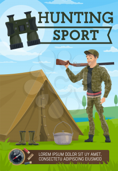 Hunting sport, hunter and camping. Hunter with rifle, tent and rubber boots, kettle and pair of binoculars, grass meadow with lake or river, compass and bullets. Hunting sport vector