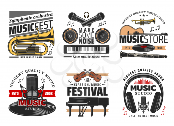 Classic, symphonic and live music festival concert icons. Musical instruments, trumpet and microphone, speakers and guitar, piano and headphones, violin and vinyl disc. Music events symbols