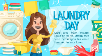 Housewife doing laundry and household chores poster. Woman cleaning window, washing machine and basin, detergent and clean bowl, clothes on line, brush and sponge, thread coils and sprayer vector