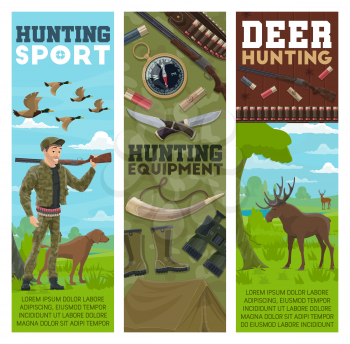 Hunting sport and equipment, vector. Huntsman, birds and animals. Hunter with rifle and dog, ducks flock and moose, compass and knives, rubber boots and binocular, gun with bullets and tent