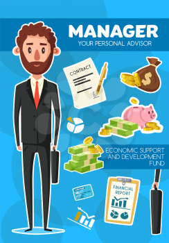 Manager profession, advisor man in suit and tie with briefcase, vector. Financial documents with pen and sack of gold, money box and banknotes, diagram and chart, credit card, notepad and report