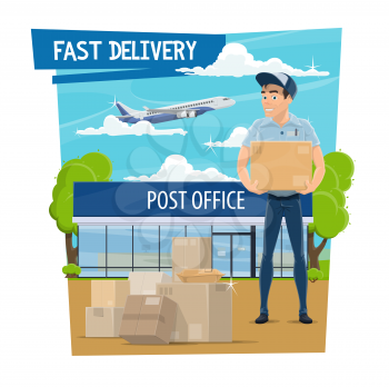 Post mail fast delivery poster for postage logistics. Postman or mailman in uniform delivering letters envelopes and parcels, air transportation by plane and postal office building vector isolated