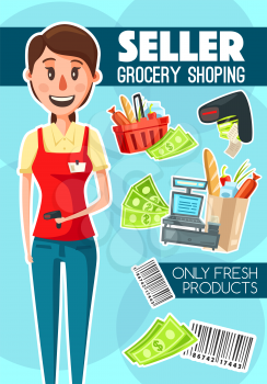 Shop seller or cashier job in retail. Vector shopping basket, bar code, money bills and cash machine, vendor in uniform and grocery shopping, check receipt and products, purchases