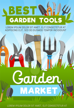 Gardening tools with agriculture or horticulture equipment, vector market. Scissors and secateur, shovel and axe, fork and knife in grass. Tools for work with plants in garden