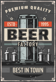 Beer brewing factory retro poster for bar or pub. Vector vintage design of brewery barrel cask and beer can with craft or draught pint of ale production line technology