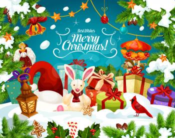 Christmas gift with Santa hat greeting card for New Year holiday. Xmas tree and holly garland with snow, star and present poster, decorated with bell, ribbon bow and snowflake, candy, ball and cookie