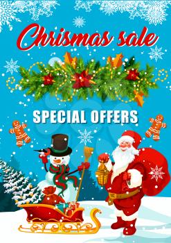 Christmas sale special offer banner for winter holidays seasonal discount promotion. Santa and snowman with gift, sleigh and Xmas tree, New Year garland, snowflake and cookie for retail promo design