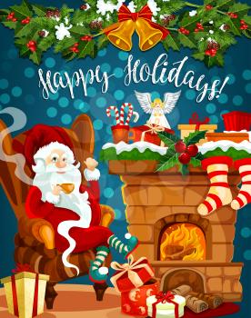 Santa Claus and Christmas fireplace with gift stocking for New Year greeting card. Santa with present and fireplace, decorated by holly berry and Xmas tree garland, bell, ribbon bow, sock and candy