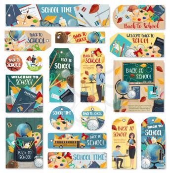 Back to school labels and tags for sale or education season promo design. Vector student and teacher with class books and stationery blackboard, math calculator or geometry globe and microscope