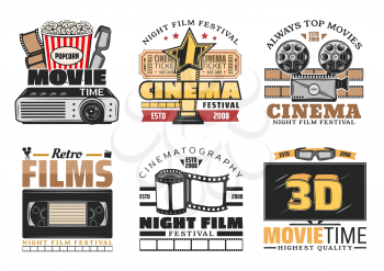 Movie, retro cinema, bar bistro vector icons. Vintage design of popcorn bucket, 3D glasses and film, camera and video player or projector, night film festival symbols