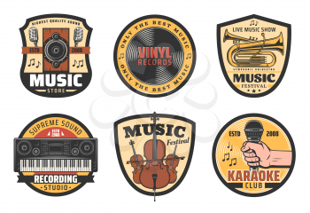 Music icons for musical instruments store, records label or festival and recoding studio or karaoke club. Vector microphone, speaker and vinyl disk or synthesizer with violin contrabass or music notes