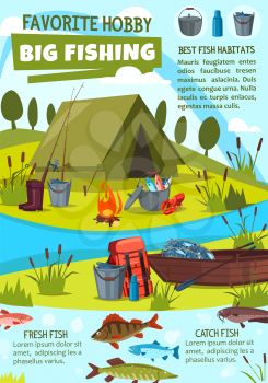 Fishing hobby cartoon poster of fisher camping tent and fish catch equipment and tackles. Vector design of wooden boat on river or lake and bowler with pike, catfish or trout and lobster crab