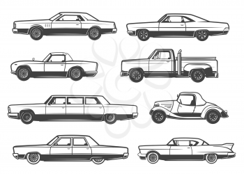 Retro cars and vintage automobile models. Vector thin line icons of mini car with retractable hood or cabriolet, collector antique taxi cab or pickup truck and sportcar with limousine
