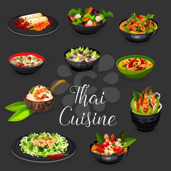 Thai cuisine spicy dishes with seafood and vegetables vector design. Shrimp, rice noodle and beef, coconut and chili soups, squid, beef and chicken orange salads, spring rolls and prawn risotto