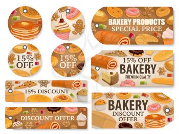 Bakery and pastry shop discount tags with bread and desserts. Wheat baguette, croissant and cereal bun, cake, bagel and donut, cupcake, pie and gingerbread, candies and pancake special price offer