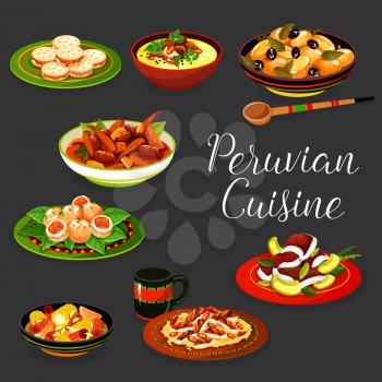Peruvian meat and seafood dishes with vegetables vector design. Flounder fish ceviche, chicken with chili and nuts, corn soup, beef stew and potato croquettes, caramel cookie sandwiches alfajores