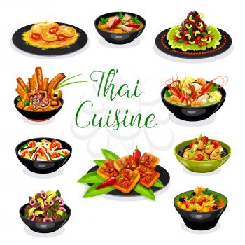 Thai cuisine asian dishes with meat and seafood. Shrimp soup tom yum, chicken pineapple curry and chili meat soup, chicken noodle, beef salad and pork with peanut sauce, fried rice and ham sandwich