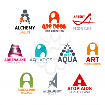 Corporate identity letter A business icons. Alchemy and children education, medicine and sport, entertainment and clean water, art and agriculture, science and charity. Vector emblems and name signs