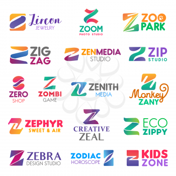 Corporate identity letter Z business icons. Vector jewelry and photography, zoology and media, studio services and shopping. Games and confectionery, ecology and design, astrology and entertainment