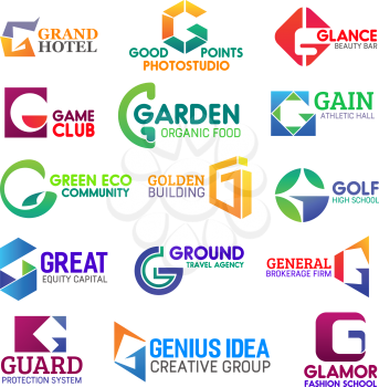 Corporate identity letter G business icons. Vector recreation and photostudio, beauty and gaming, food and sport, ecology and building. Finance and travel, brokerage and safety, fashion education