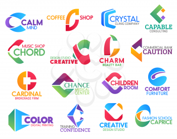 Corporate identity letter C business icons. Vector medicine and drink, consulting and music, design and beauty, banking, brokerage and entertainment, furniture. Technology and education, fashion signs