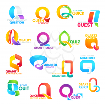 Corporate identity letter Q business icons. Vector science and fashion, food and gaming, credit and education, jewelry and recreation. Engineering and finance, power and delivery signs isolated