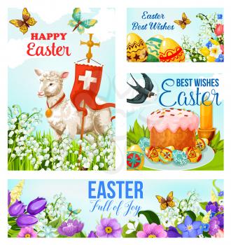 Happy Easter greeting cards and banners with paschal eggs and lamb with crucifix cross flag. Vector poster of Easter season flowers, swallow birds and butterflies for Christian religious holiday
