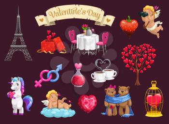 Valentines Day romantic love gift vector icons. Hearts, Cupids with arrows and bows, love potion, unicorn and couple of bears, eiffel tower, festive dinner and gender symbols of man and woman