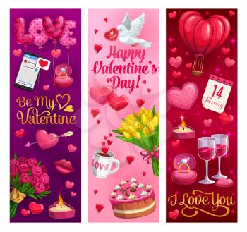 Happy Valentines Day and I Love You vector greeting cards. Red hearts, wedding ring and balloons, chocolate cake, love letter and flowers, calendar, wine and dove birds, romantic love holiday design