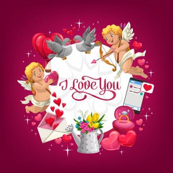 Valentines Day I love you vector greeting card with romantic holiday gifts. Red hearts, bouquet of flowers and wedding ring, love letter envelope, Cupids with arrows, bows and couple of loving birds