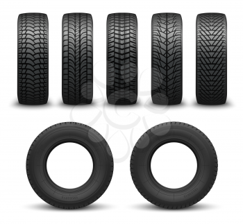 Car tires or auto tyres 3d vector illustration. Automobile wheels with different tread patterns from side and front views. Tire shop, motor vehicle and transportation themes