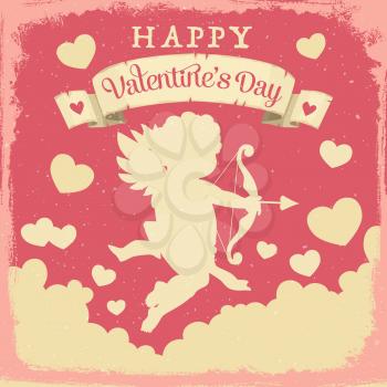 Happy Valentines Day vector greeting card of Cupid with love arrow, angel wings and bow. Amur silhouette flying among hearts and clouds, decorated by vintage ribbon banner with greeting wishes