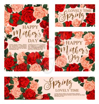 Floral greeting card for Happy Mother Day design. Blooming rose bouquet with red and pink flower, green leaf and floral bud festive banner for Spring Holiday celebration template