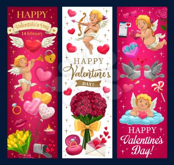 Valentines Day Cupids with love holiday gifts vector greeting banners. Red hearts, rose flowers and wedding ring, balloons, candies and love letter envelope, kiss lips, couple of dove birds, sparkles