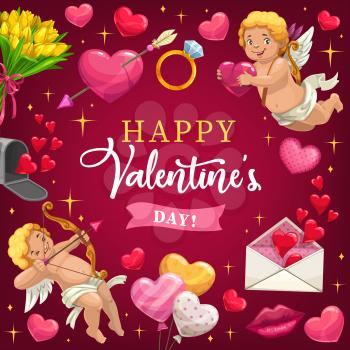 Valentines Day hearts, love arrows and Cupids, romantic holiday gifts vector greeting card. Flower bouquet, wedding ring and balloons, love letter envelope, Amur angels and sparkles