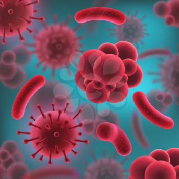 Microbiology and microorganisms, bacteria or virus. Red cells and microbe 3D models. Medical or biological research of microscopic bodies in abstract shape, illness or antibodies exploration vector