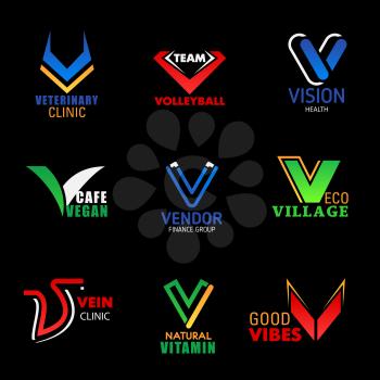 V letter icons of veterinary clinic, volleyball sport club or ophthalmology vision health. Corporate business and brand identity V symbols of vegan cafe, vendor finance group or eco village
